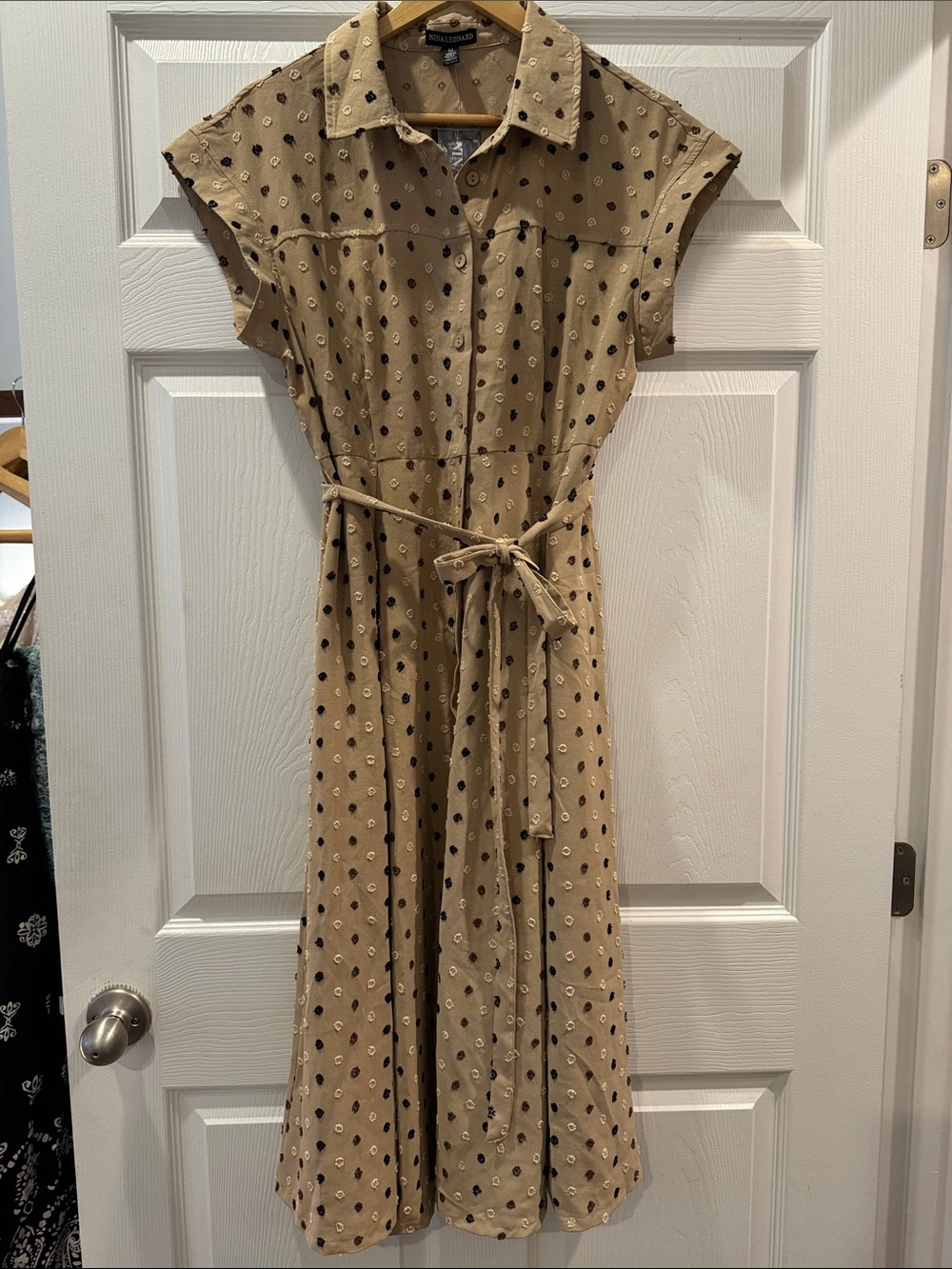 Nina Leonard Beige Polka Dot Midi Shirt Dress